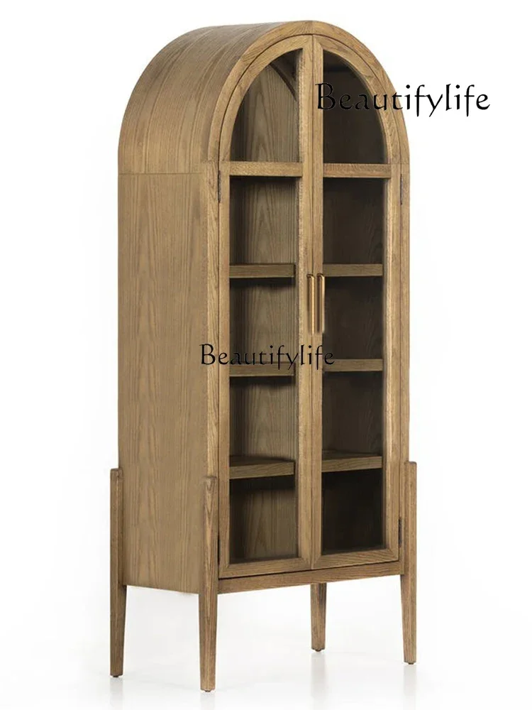 Solid Wood Bookcase Light Luxury Floor Bookshelf Wine Cabinet Nordic Side Cabinet French Retro Curio Cabinet