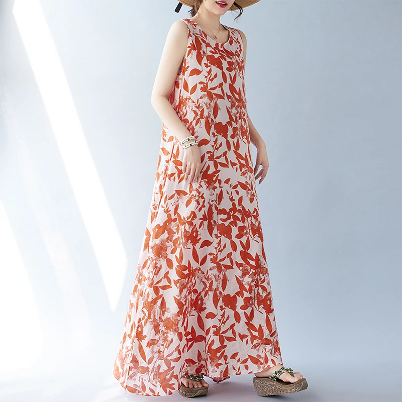 Robe longue bohème pour femmes, grande taille, col rond, imprimé fibre, robe éducative, nouvelle collection été, A438