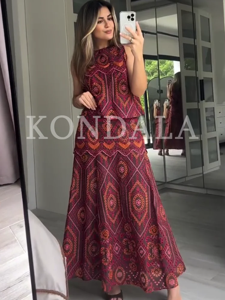KONDALA Women Chic Embroidery Skirt Set Vacation Trendy Hollow Flower Tank Top Set 2026 Summer Fashion Ladies Elegant Skirt Set