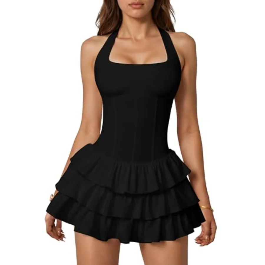 XXTAXN Women's Sexy Halter Neck Sleeveless Corest Ruffle Hem Y2k Party A Line Mini Dress with in Shorts