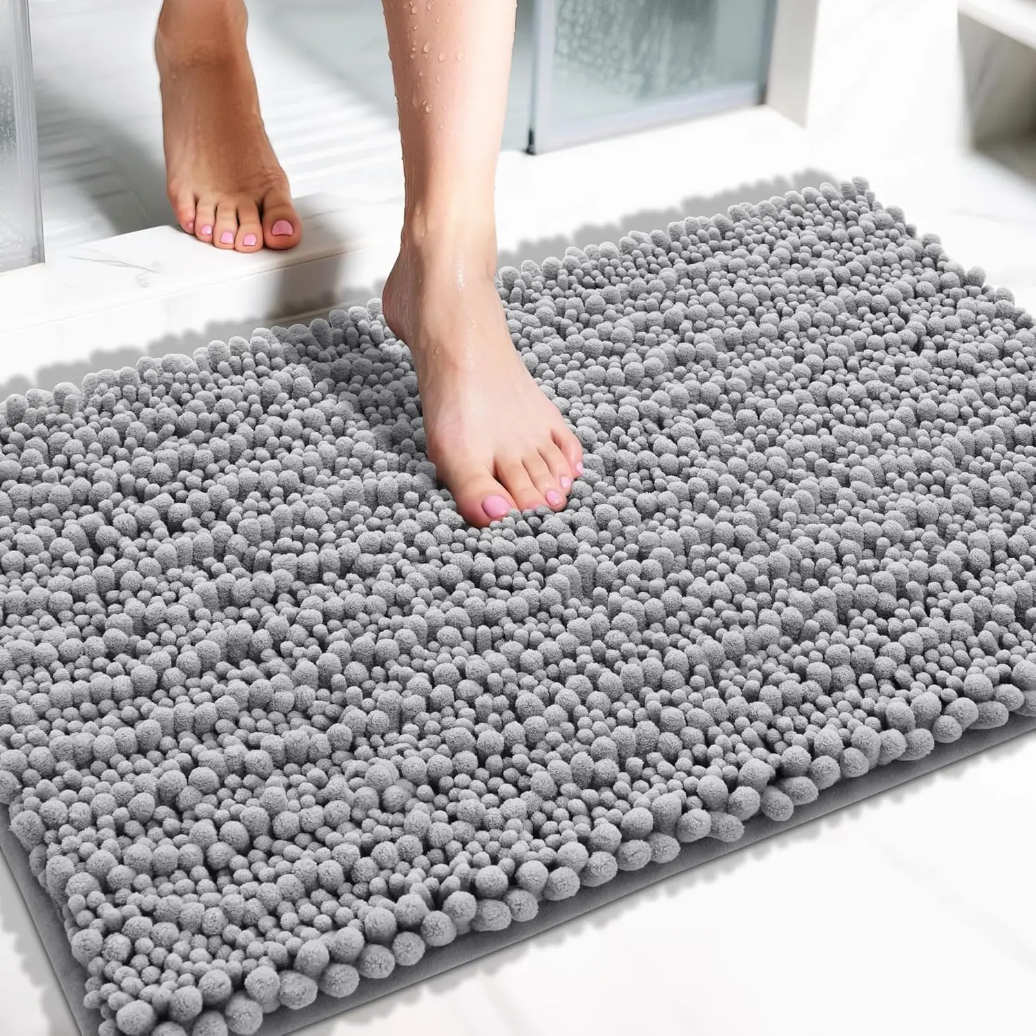 

Non-Slip Washable Bathroom Rug, Ultra Soft Chenille Mat, Quick Dry Shaggy Floor Carpet for Tub Shower, Gray Home Decor