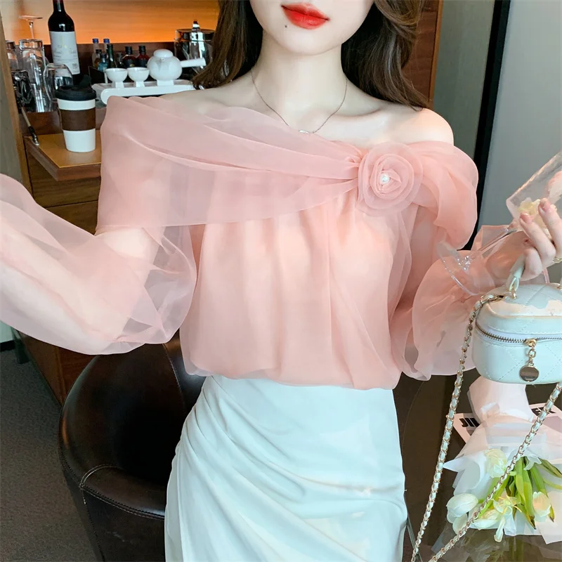 utumn New French Off Shoulder Top Sexy Sweet Long Sleeve Chiffon Shirt Blouse Women\'s 3D Flower Pink Off White Shirt Top