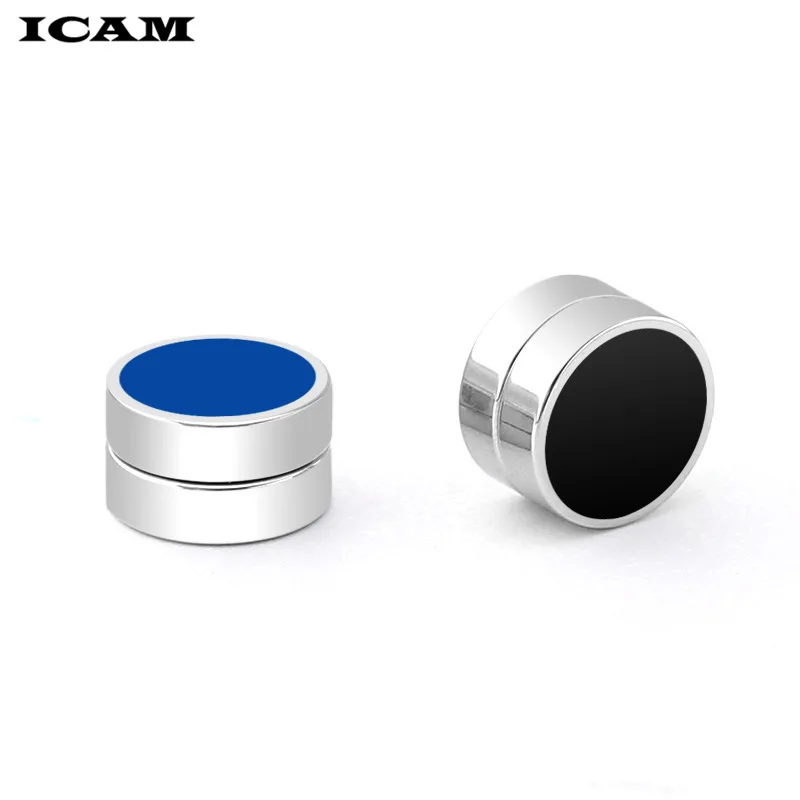 ICAM 2pcs/lot 8/mm Hot Double Side Black Blue Magnet Round Circle Punk Stud Earrings Stainless Steel Men's Magnetic Ear Studs