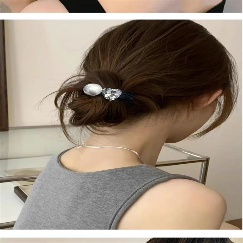 Pearl Crystal Hair Loop for Women, Korean Version, Simple and caring Ponytail Leather Band, Tied Headband