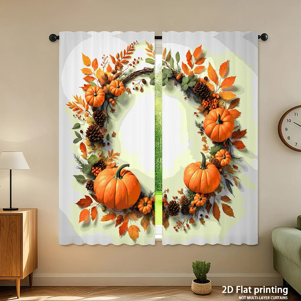 2-piece set of high-definition digital printed curtainsautumncolorfulleavespumpkinwreathfoliagepineconeHome decoration style