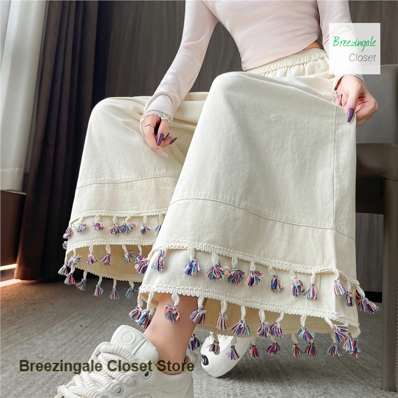 

French national style tassel splicing wide-leg pants women's spring and autumn sweet high waist fashion casual straight pants