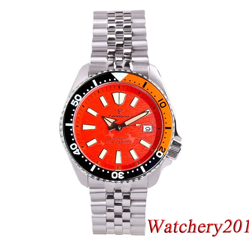 Orange Dial Tandorio 24 Jewels NH35A Automatic Mechanical Dive Watch For Men Date Window Sapphire Crystal Steel Bracelet