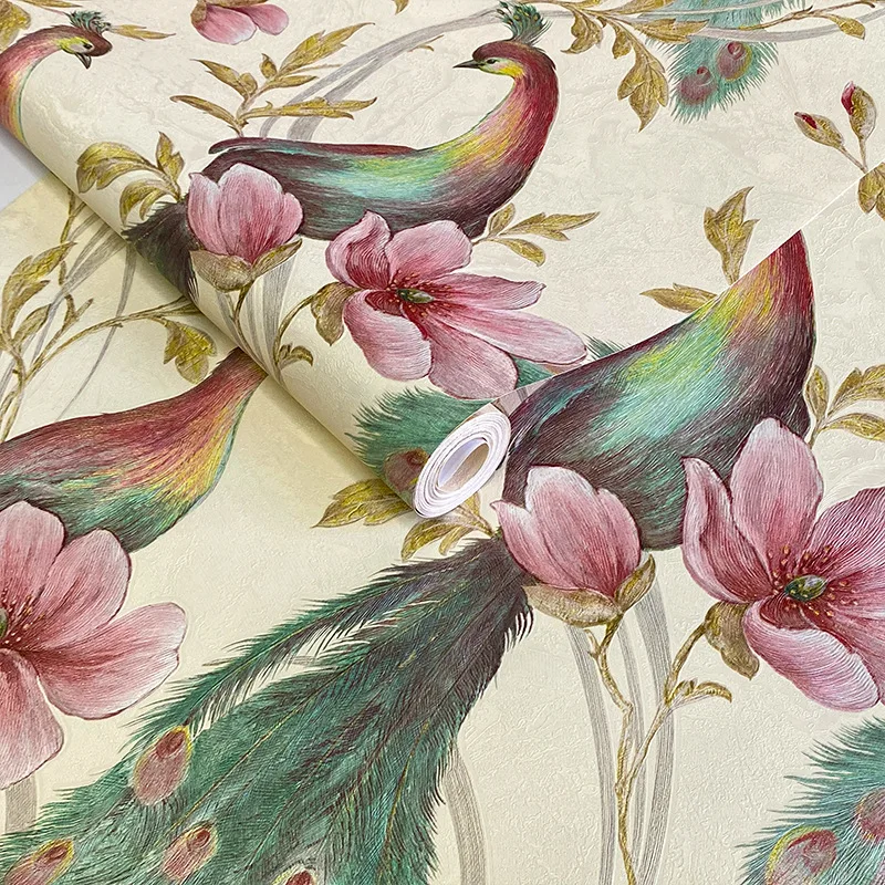 American Retro Magnolia Peacock Wallpaper Non Adhesive Embossed Textured Wall Covering for Hotel Cafe Background Wall Decoration