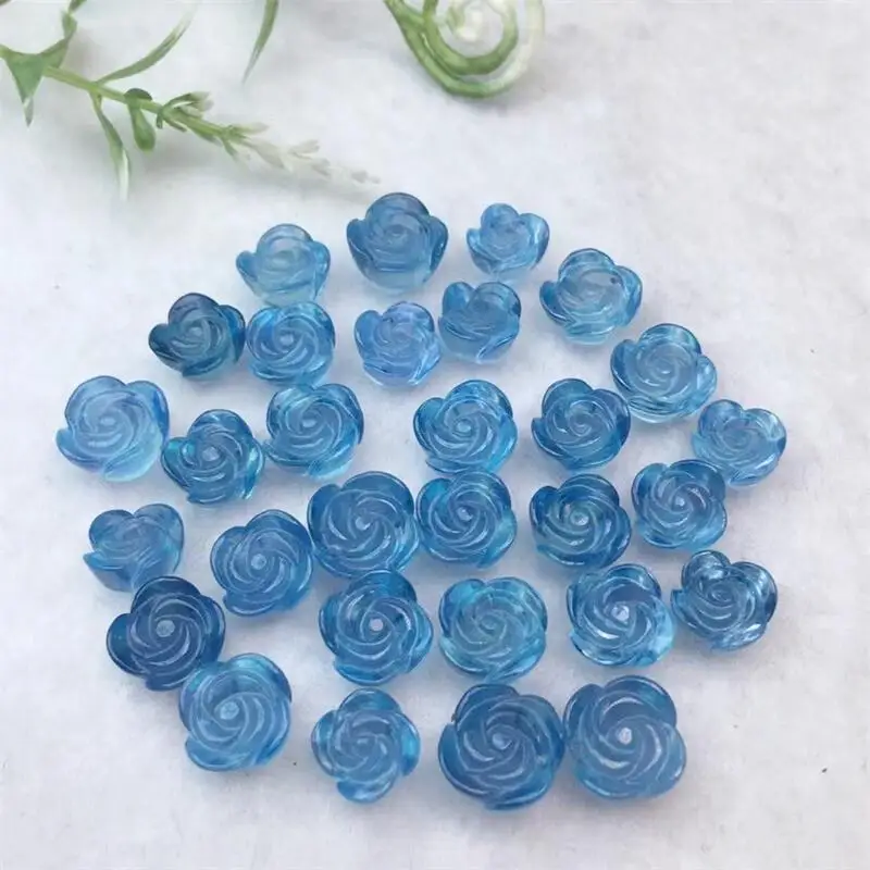 5PCS Natural Aquamarine Flower Carving Healing Reiki With Hole Fashion Jewelry For Friends Gift 7-10MM