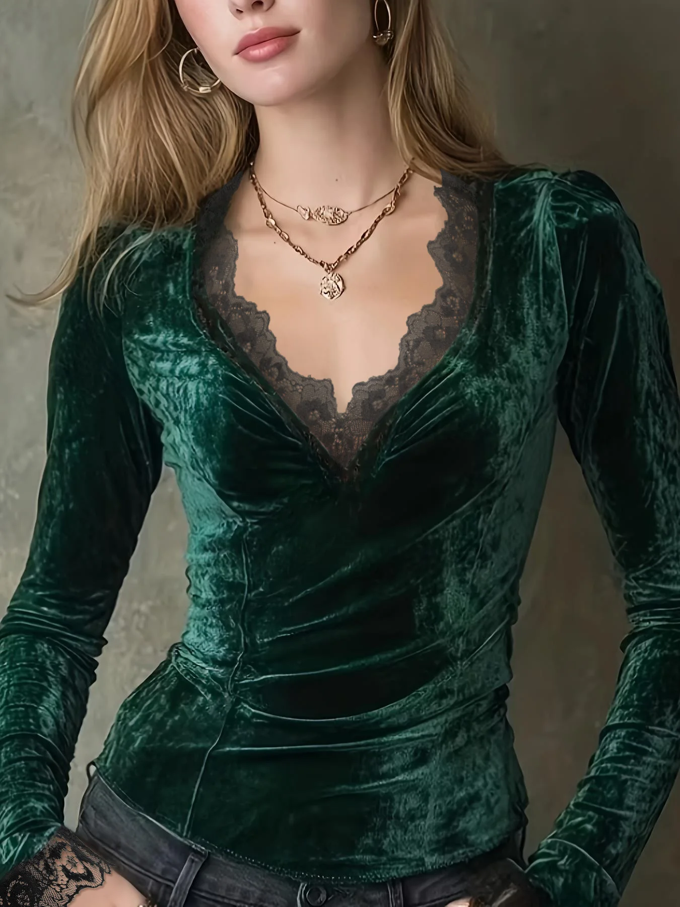 

Elegant Women's Blouses Dark Green Velvet V Neck Long Sleeve Top Lace Trim Fitted Slim Blouse for Evening Party Date Night