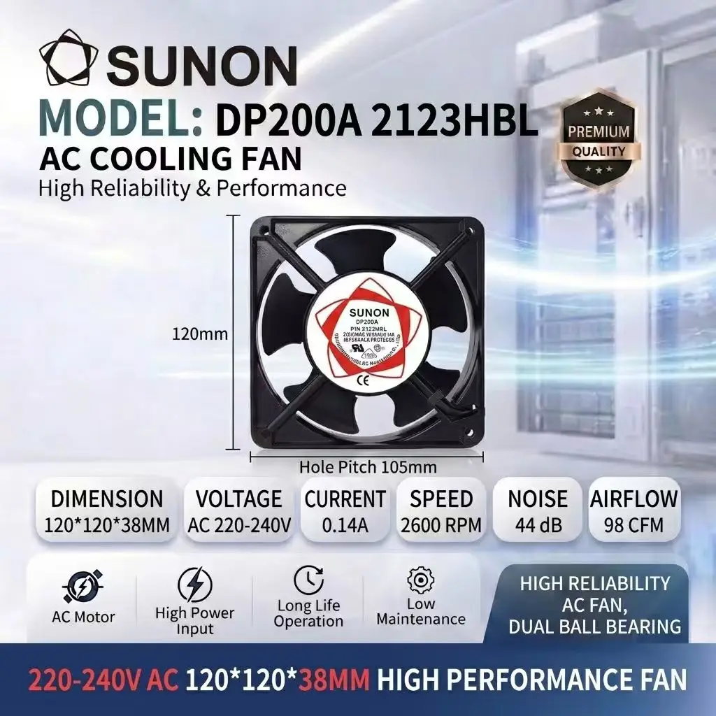 For SUNON DP200A 2123HBL AC 220V 240V 21W 12038 120x120x38mm Dual Ball Bearing Cabinet Inverter Industrial Axial Cooling Fan CE