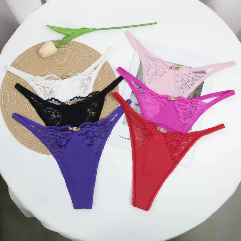 Ropa Interior de Yoga Transpirable de Cintura Baja para Mujer, Tanga de Nailon sin Costuras con Borde de Encaje, Diseño Elega...