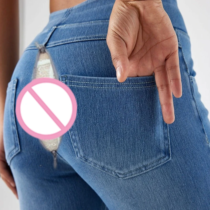 Women Open Crotch Jeans Pants Straight  Sexy Distressed Denim Hidden Zipper Leggings Hot Girl Daily Casual Crotchless Clubwear