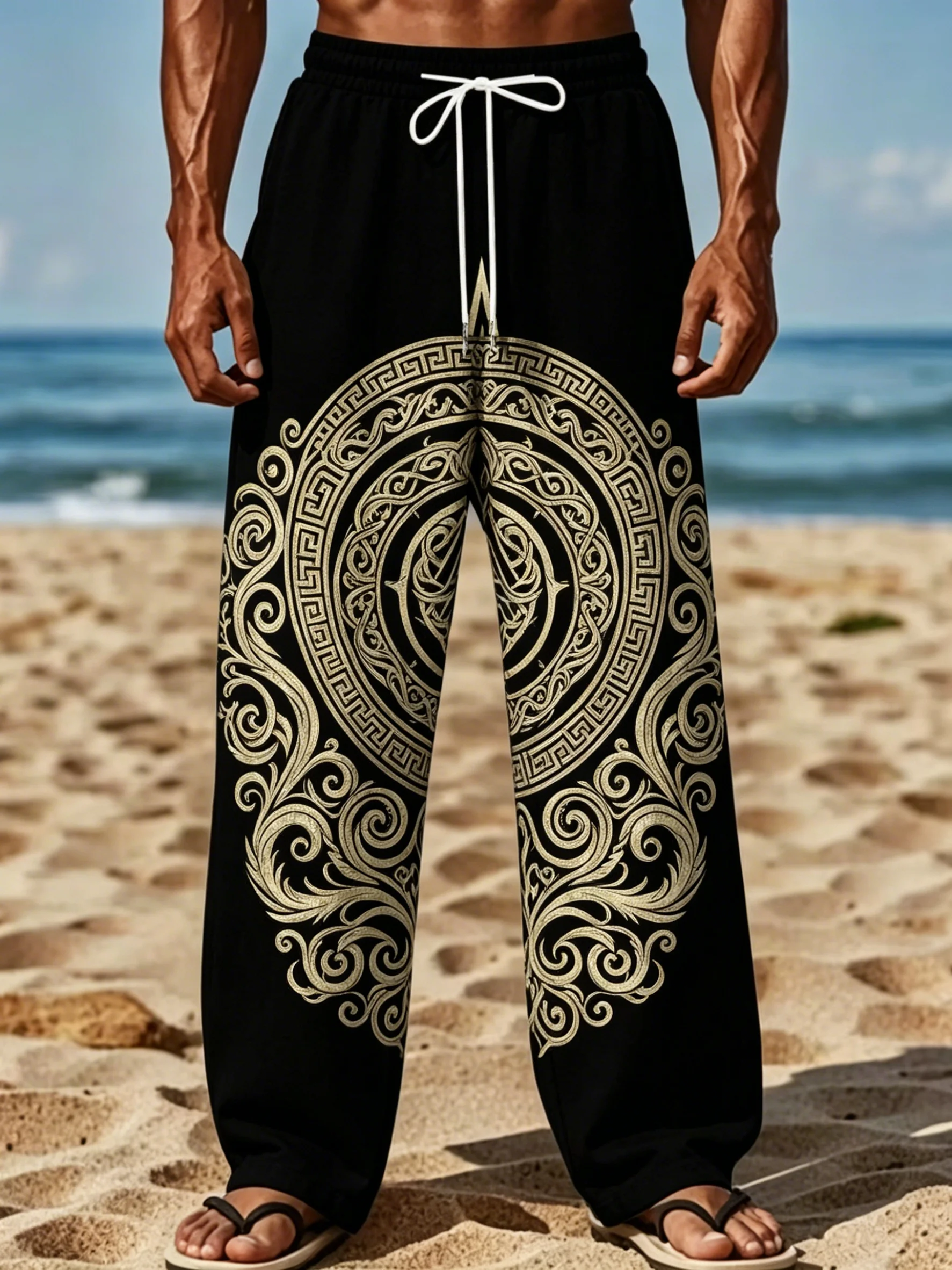 

Men's Spring Summer Casual Pants, Black & Gold Greek Ornament Print Drawstring Trousers for Daily Street Holiday Leisure Outfit