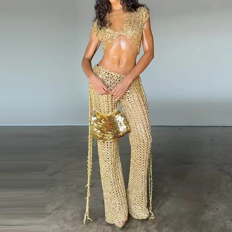 Women Fashion Sequined Party Set Casual Short Sleeve Tassel Mini Skirt 2Pc Suits 2026 Elegant V-neck Crop Top with Skirt Outfits