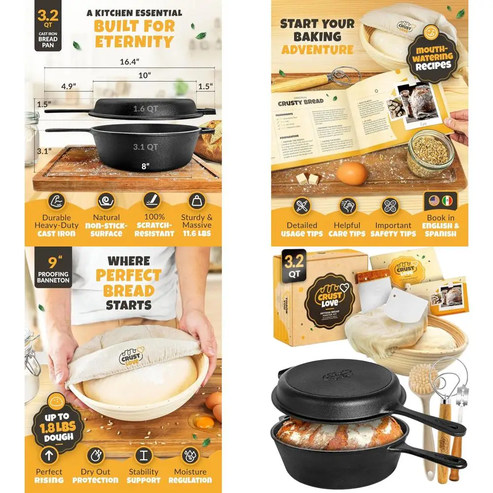 

3.2 Quart Cast Iron Dutch Oven with Lid for Sourdough Baking, Including Banneton Basket - Perfect for Bread Pan and Proofing