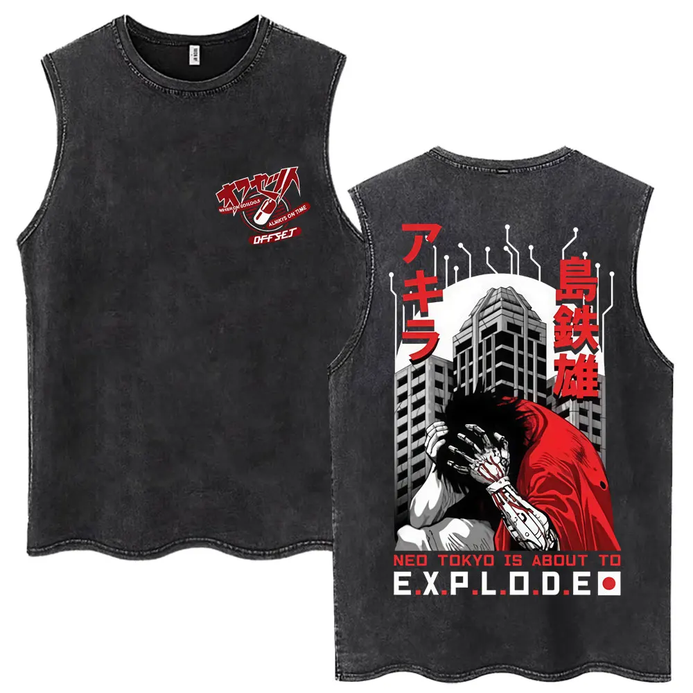 90s Japanese Anime Akira Vintage Wash Tank Tops Movie Shotaro Kaneda Shima Tetsuo Sleeveless T-shirt Men Cotton Oversized Vests