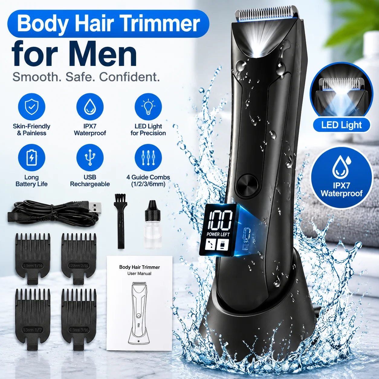 Body Hair Trimmer for Men with Ceramic Blade Wet Dry Mens Ball Trimmer with Standing Recharge Dock Groin Hair Trimmer for Men