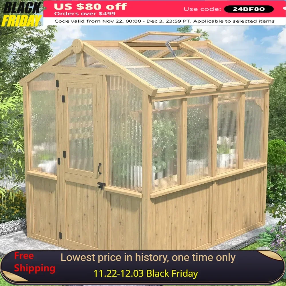 6.8x7.8 FT Greenhouse with Multi Vent Windows, Lockable Door, Foldable Shelves, Outdoor Upgraded Wood Polycarbonate Greenhouse