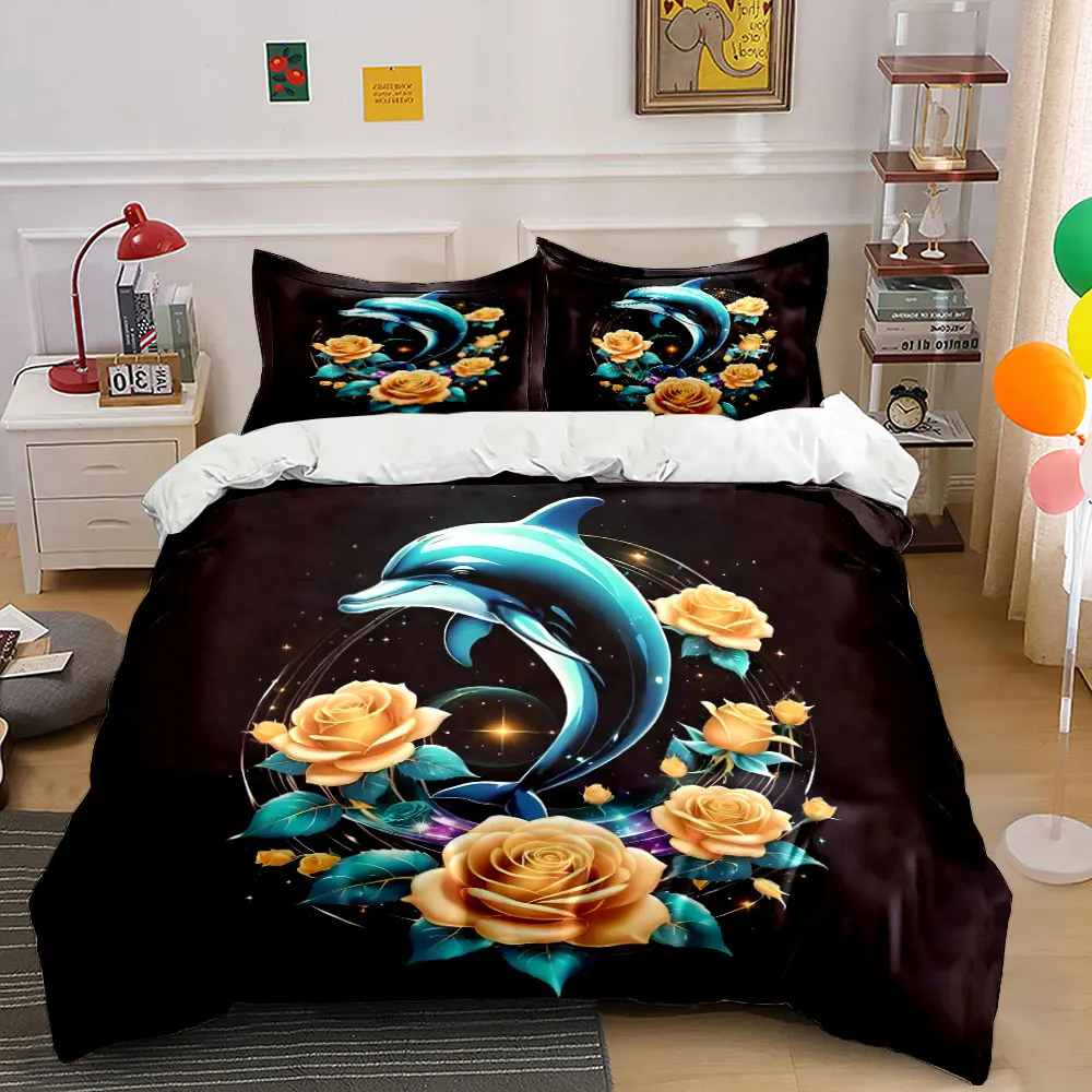 Dolphin with golden rose wreaths Print Bedding Set 1 Duvet Cover 2 Pillowcases for Adult and Children Luxury Gift Full Size