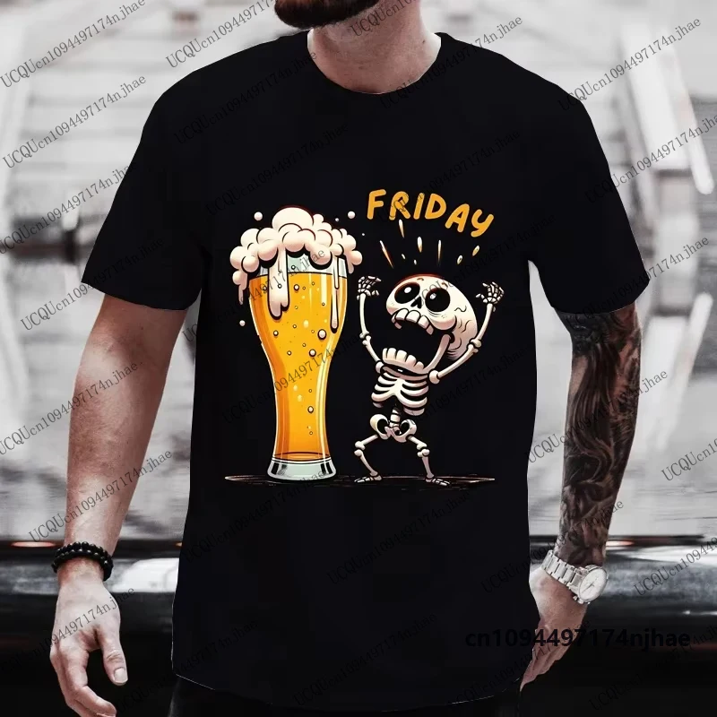 2026 Funy Skeleton Enjoying Friday Beer Day Pattern Men's T-shirt Summer Finally For Beer Lovers Cotton Tee Oversized Unisex Top