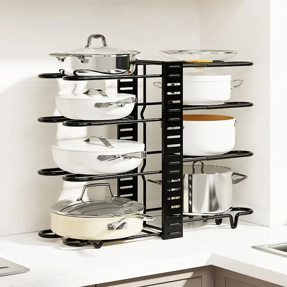 

Double-sided Kitchen Pot Rack Adjustable Dividers 8 Tiers Pot and Pan Organizer Truly Balanced Thicken Cookware Display Shelf