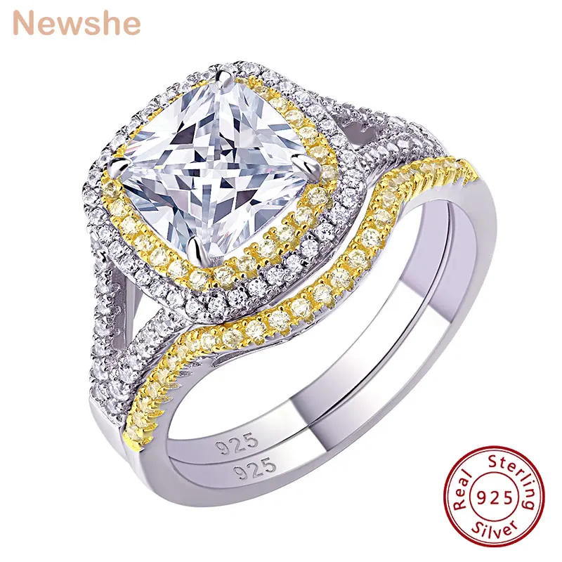 

Newshe 925 Silver Jewelry Engagement Rings Halo Yellow Gold Wedding Band Bridal Set for Women 1.8Ct Cushion Cut AAAAA CZ