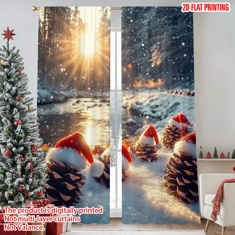 

2pcs 2D flat printing Merry Christmas Window Curtains Pine forest winter 100% Polyester Without Electricity Spring Use for