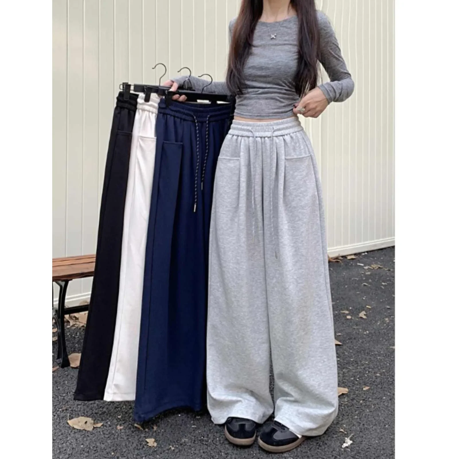 Pantalones informales de pierna ancha con cintura elástica para mujer, pantalones de pierna recta adelgazantes y holgados para primavera y otoño, pantalones pequeños