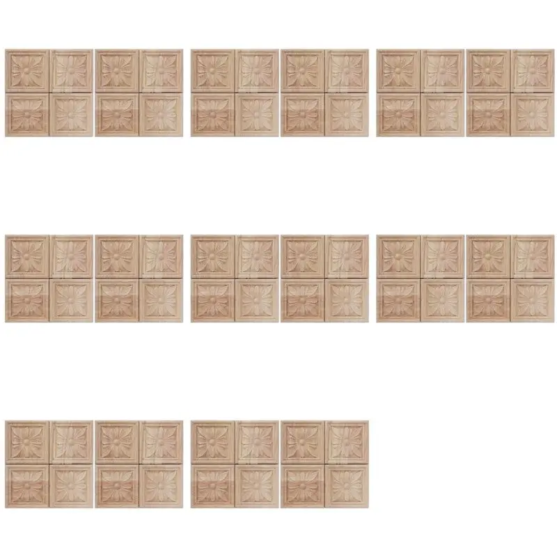 64Pcs Wood Carved Applique Onlay Carving Checkered Unpainted Flower Pattern Decal For Cabinet Door Furniture Decoration
