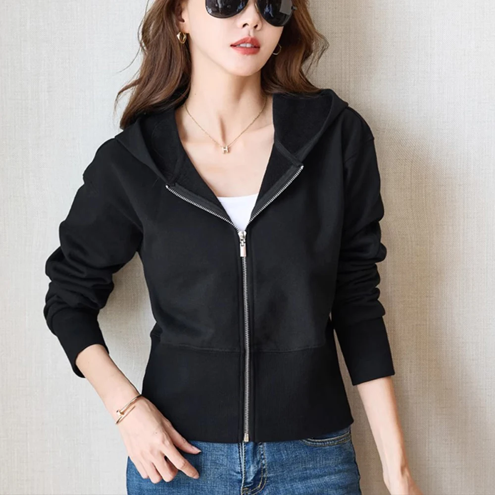 

Korean solid color hooded sweatshirt for women's autumn new high-end fashion plus size zipper short fit slim casual top