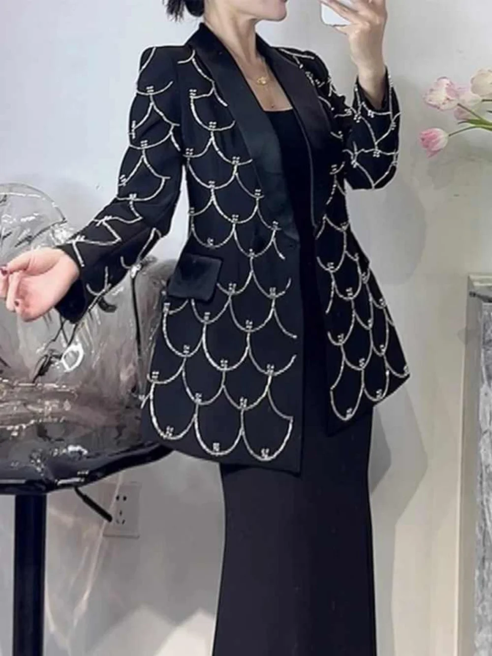 Elegant Women's Suit 1 Piece Spliced Bead Blazers Shawl Lapel Temperament Female Clothing Customized