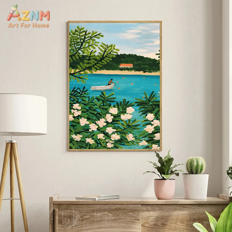 AZNM Fresh Lakeside Boat Floral Scenery Canvas Wall Art Green Plant White Flower Blue Water Landscape Print Unframed Canvas Pain