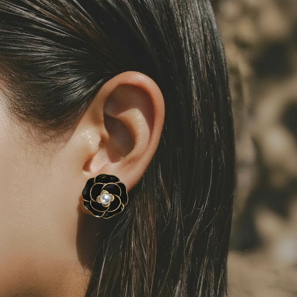 YHTOT خمر قطرة الزيت الأسود زهرة الأذن ترصيع الفولاذ المقاوم للصدأ الأقراط المعدنية الثقيلة السيدات مجوهرات هدية حفلة