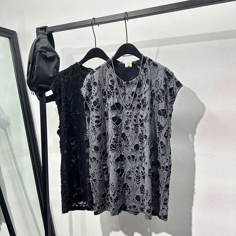 High Street Tees Summer Dark Style Design with Perforated Sleeveless T-shirt Men's Loose Casual Versatile Tshirts Casual Top
