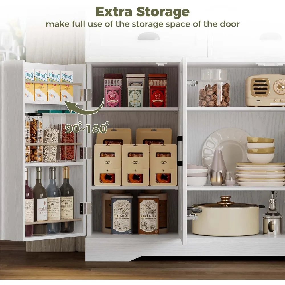 Armário buffet com armazenamento, aparadores com 4 portas, armário de armazenamento de cozinha com 6 prateleiras ajustáveis, café moderno Ba