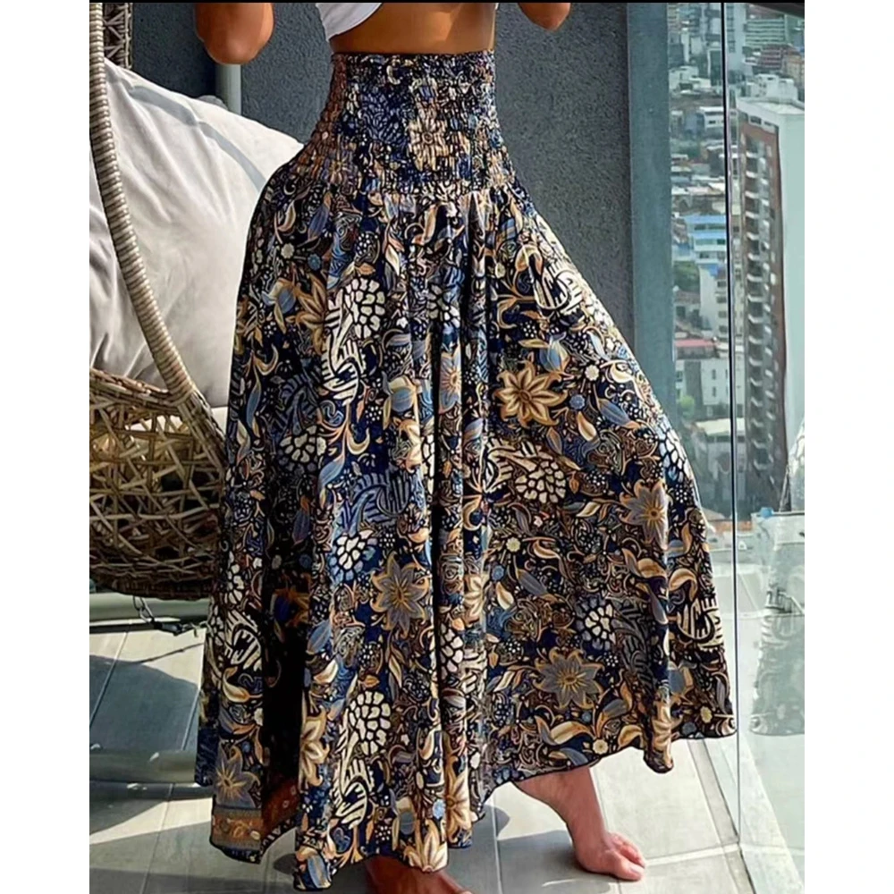 Spring Women Floral Print High Waist Wide Leg Pants Summer Casual Female Shirred Pants Streetwear Fashion Vintage Clothing