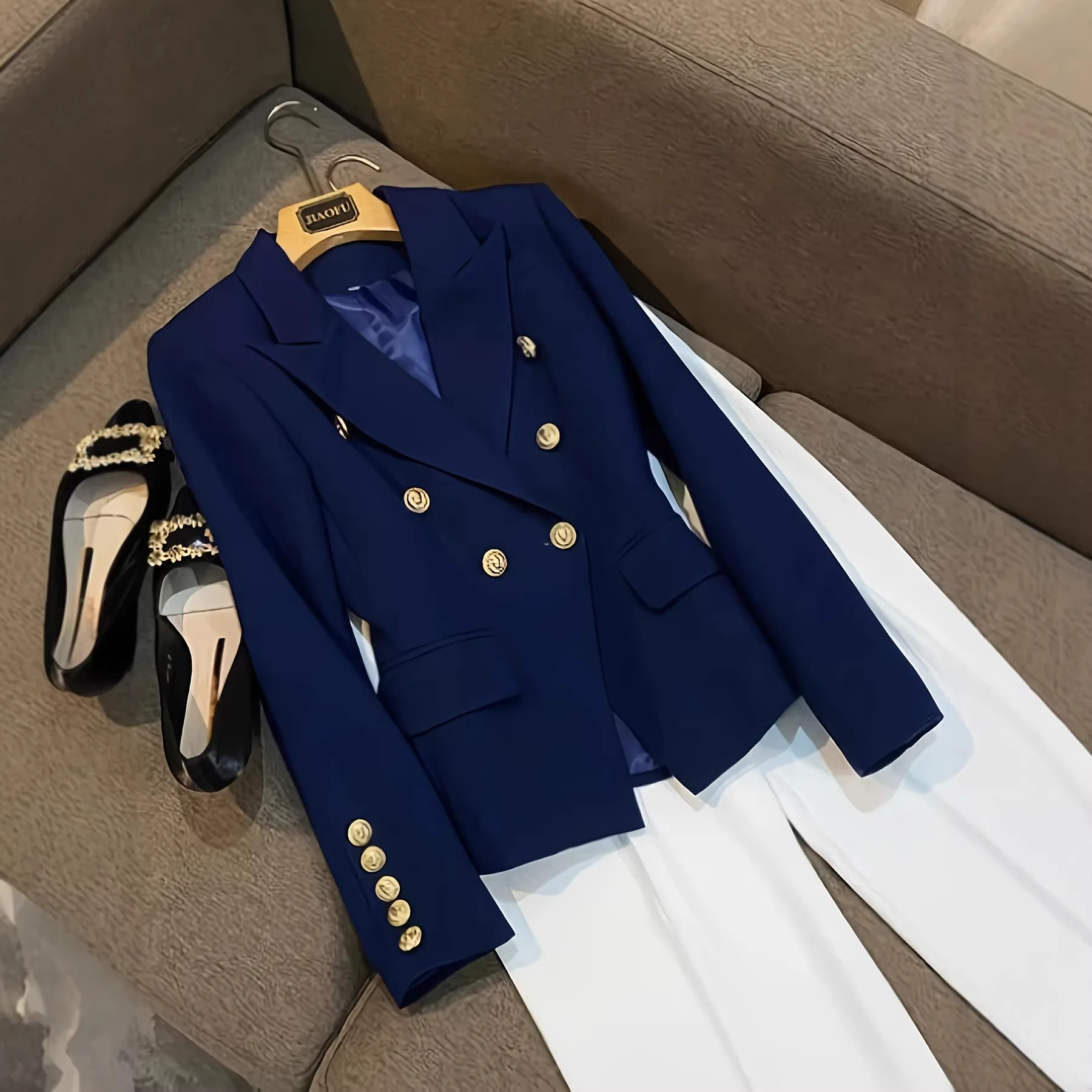 New Summer Women's Fashion Solid Color Long Sleeve Double Button Gold Button Flared Lapel Blazer Coat