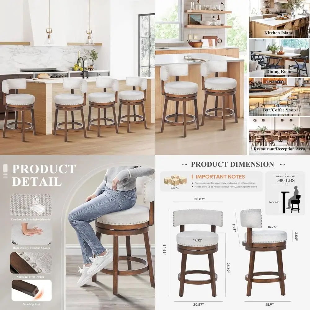 

Set of 4 Swivel Counter Height Bar Stools with Back, 25 Upholstered Seats for Kitchen Island Dining, Beige