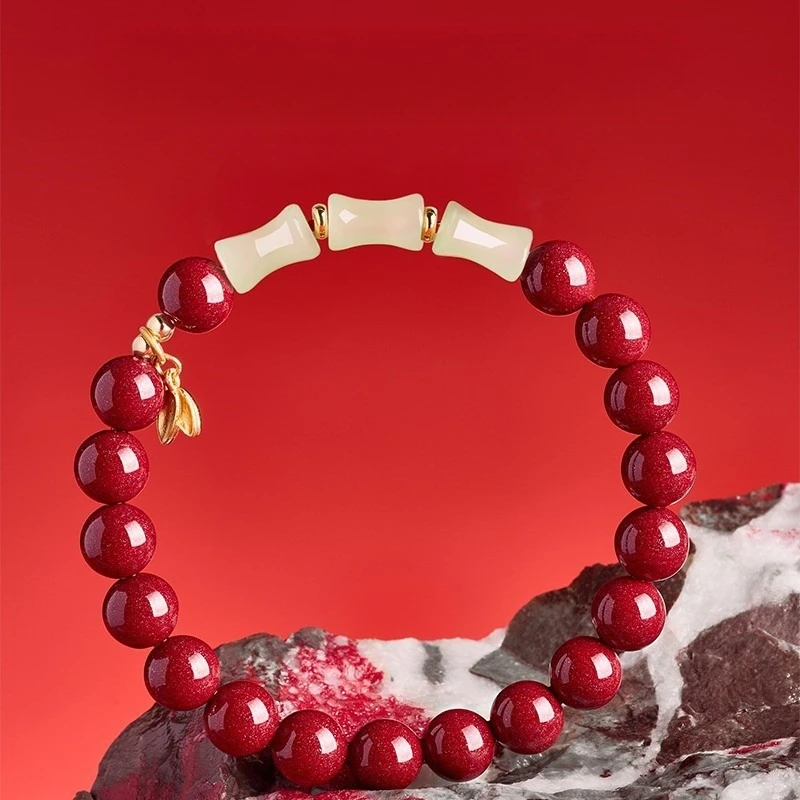 Chinese Style 8mm Natural Cinnabar Beaded Bracelet With Hetian Jade Bamboo Joint Good Luck Blessing Wealth Fortune Amulet Jewelr