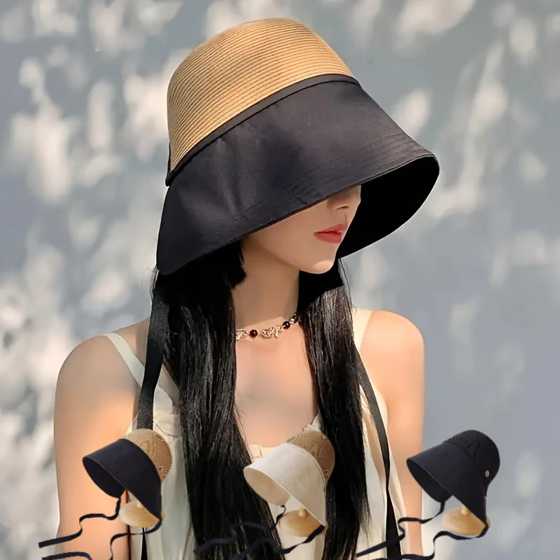 1 Stück Vielseitiger Patchwork-Strohhut für Damen mit Taschenschal, Reise-Sonnenschutz-Kuppelhut mit breiter Krempe und Gesichtsbedeckung für Strand und Party