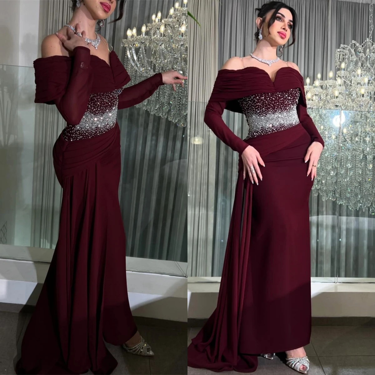 

Customized Simple Red Jersey Evening Dress Formal Boat Neck Long Sleeves Party Dresses Delicate Mermaid Crystal Celebrity Gowns