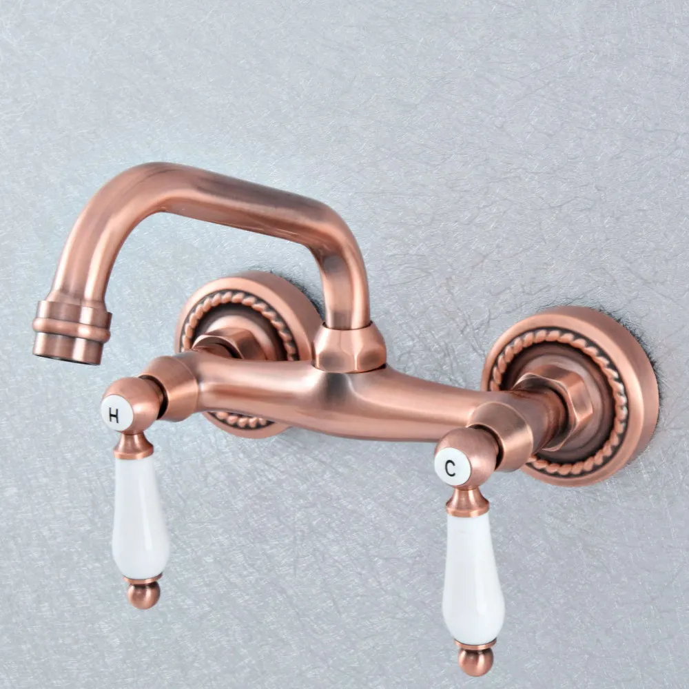 

Antique Red Copper Brass Two Ceramic Handles Wall Mounted Kitchen Bathroom Swivel Spout Faucet Mixer Tap asf886
