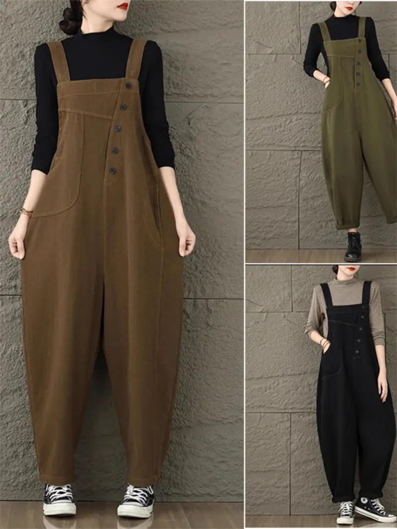 Retro Slimming Overall Shoulder Straps Jeans Versatile Temperament Casual Jumpsuit Artistic Loose Harem Pants For Women k2712
