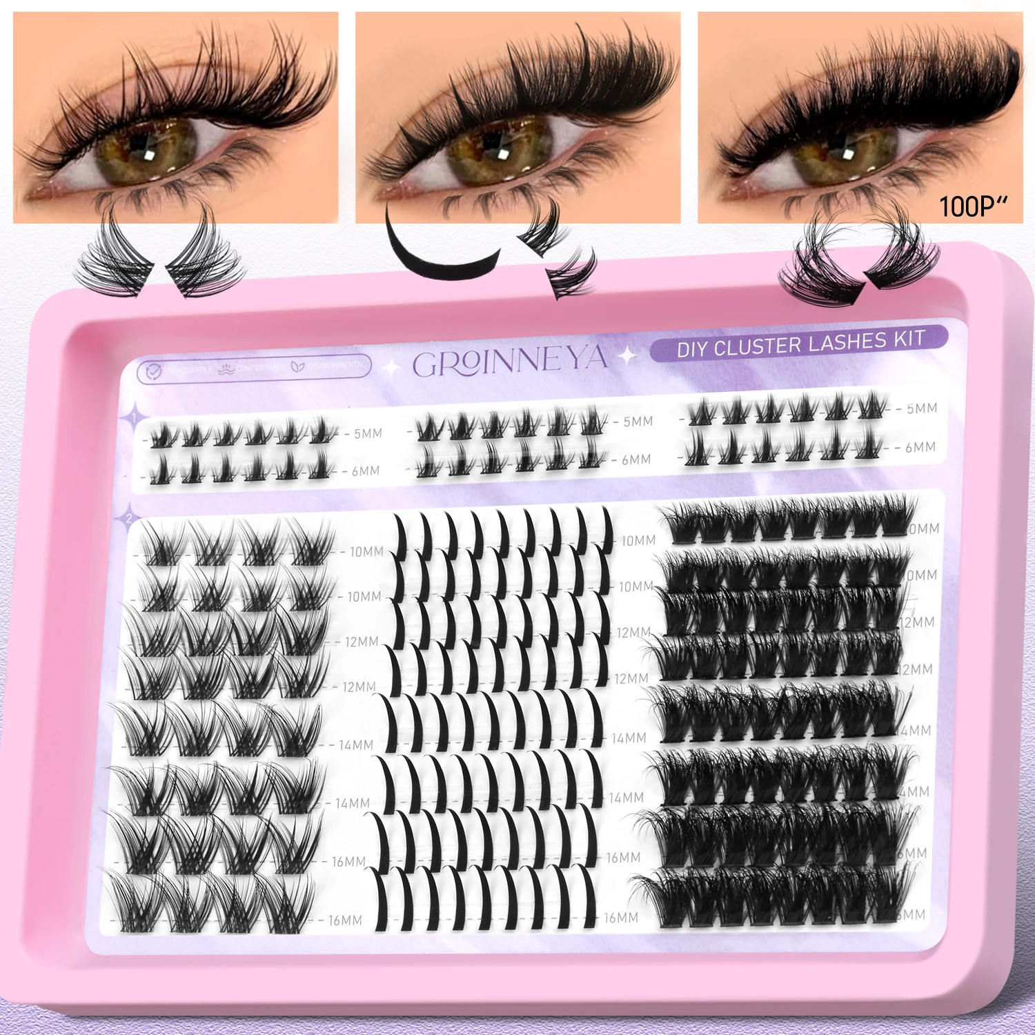 GROINNEYA Wimpern-Cluster-Set, Spiky Einzelwimpern-Kit, Manga Wimpern, Einzelne Cluster-Wimpernverlängerungen, 10-16MM Gemischte Wimpern