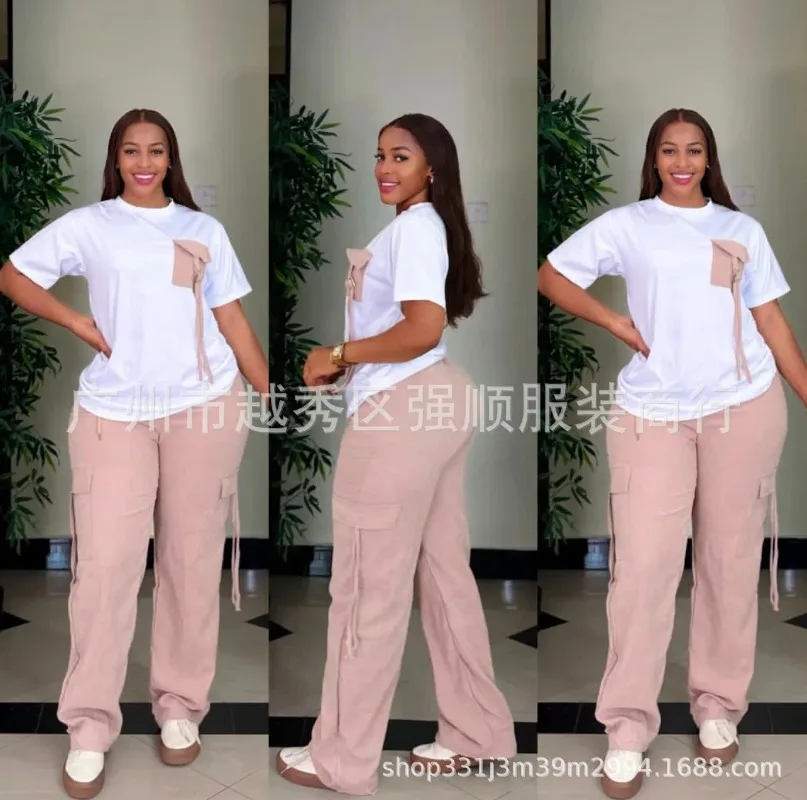 

2 Pieces Women's Sets 2025 Spring Summer Pocket Pullover Suit Short Sleeve Tops And Pants Suits Two Piece Set Tracksuit Outfit