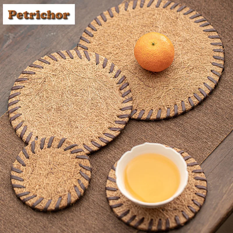 Natural Coconut Fiber Bristle Tea Coaster Covered Round Brown Teapot Mat Anti-scalding Coaster Warmer Mat Placemats Tea Ceremony
