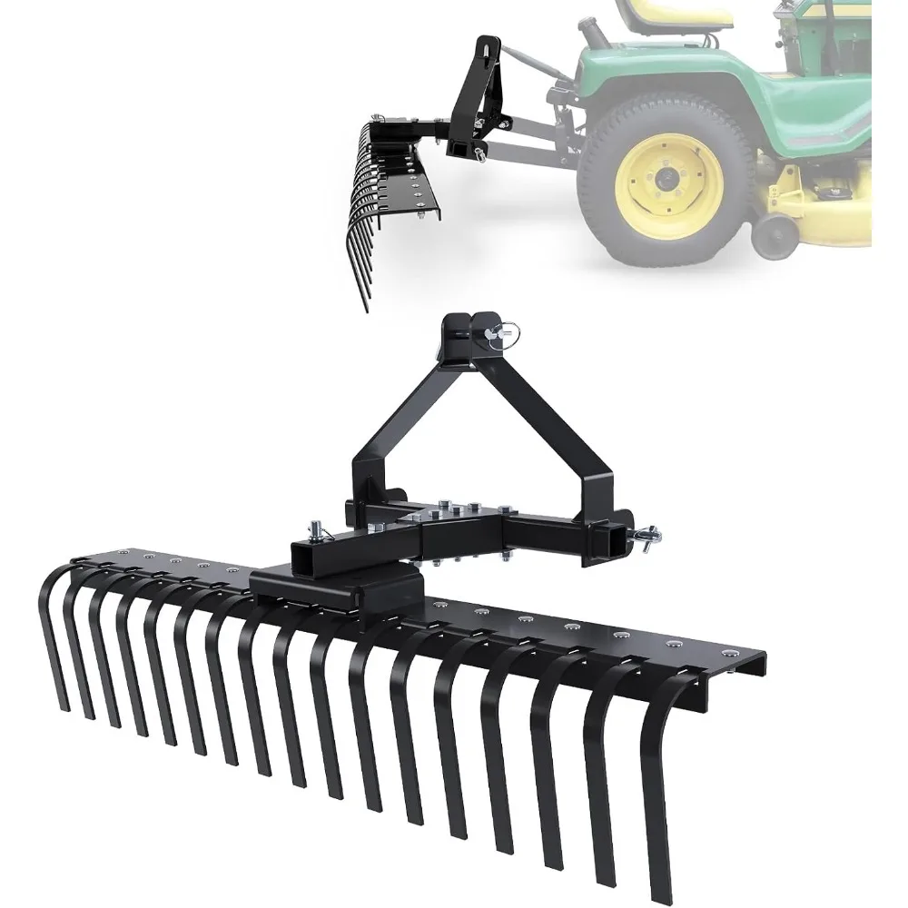 

50In Landscape Rake Compatible with Category-0 Cat0 Tractor 3 Point & 5-Position Angle Adjustment for Garden, Farm, Grass