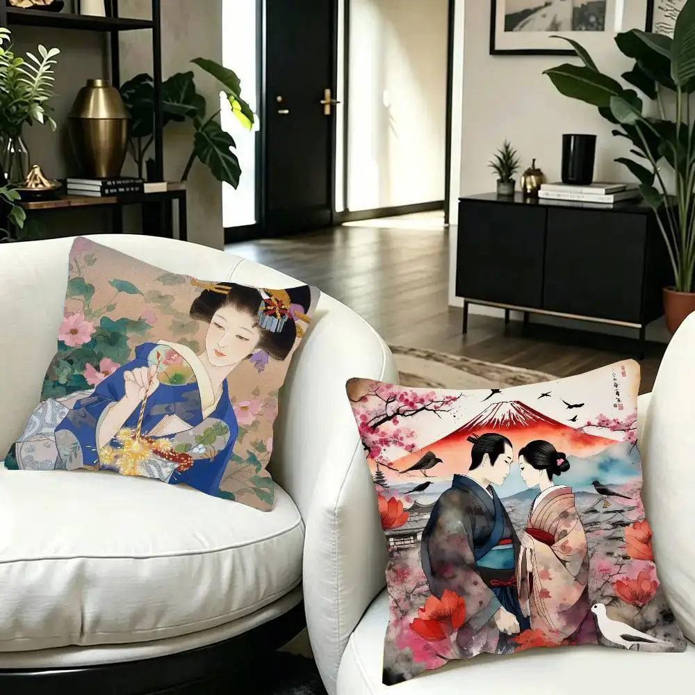 Classic Retro Japanese Lady Geisha Pillow Case Fashion Square Pillowcase Bedroom Sofa Room Ins Decoration Leisure