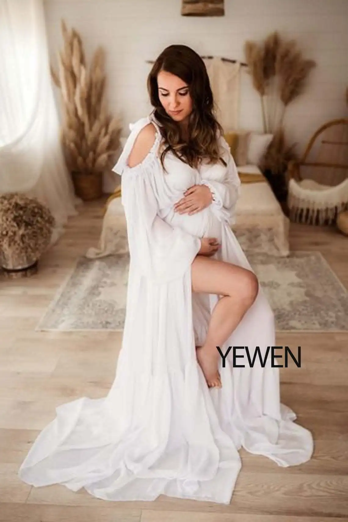 Sexy Shoulderless Bohemian Maternity Gown Long Dress for Pregnant Women Fancy Pregnancy Dress Elegence Maxi Gown for Photo Shoot